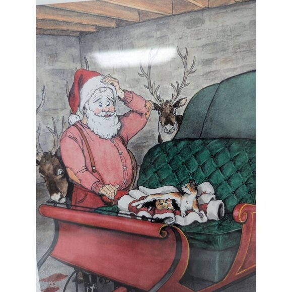 Jane McClure Jane's Prints Santa Claus Sleigh Cat Kittens Country Framed Print - Picture 3 of 4
